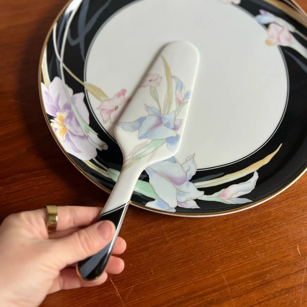 Vintage Mikasa Charisma Black Cake Plate & Server Set | Fine China Japan Floral